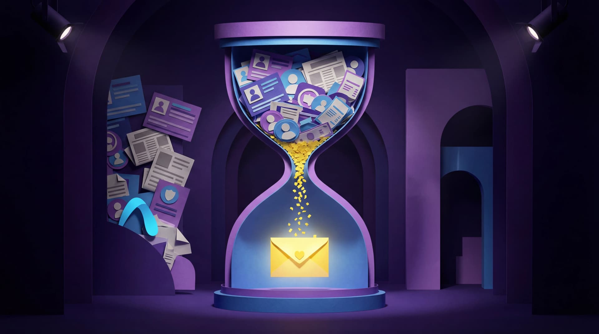 Paper hourglass transforming hours of research into one perfect email
