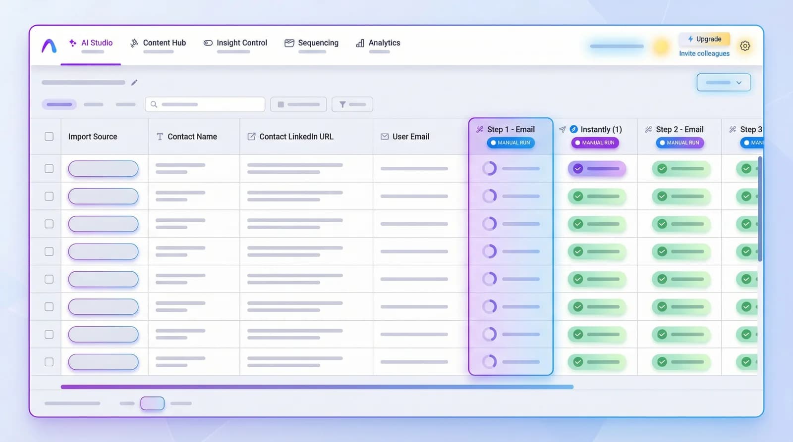AI Studio campaign interface showing multi-step sequence builder