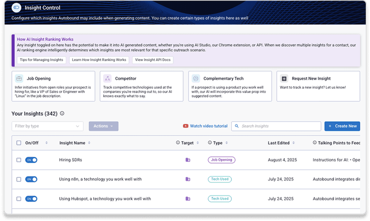 Autobound insight control tooltips explaining AI content decisions