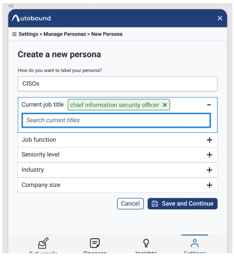 Autobound persona settings for adding persona-specific messaging
