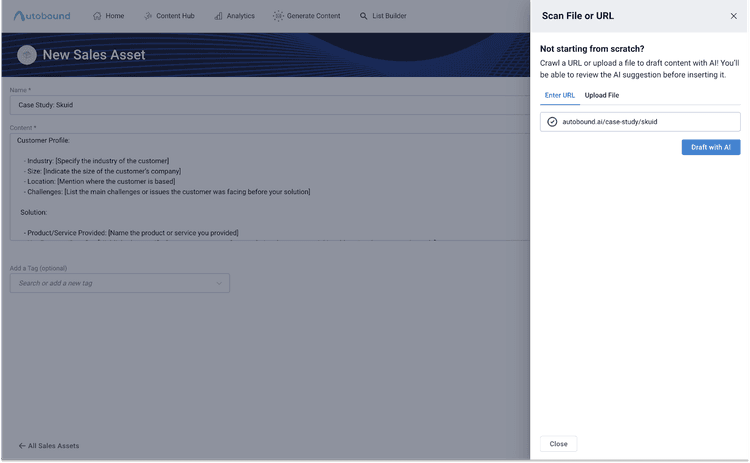 Creating a new sales asset in Autobound from a template or custom upload