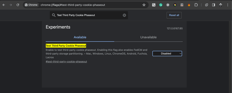 Chrome flags page showing third party cookie phaseout feature flag
