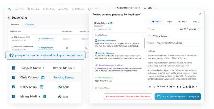 Autobound AI sequencing showing personalized email steps for each prospect