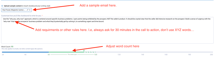 Autobound create new writing style interface with example email and word count