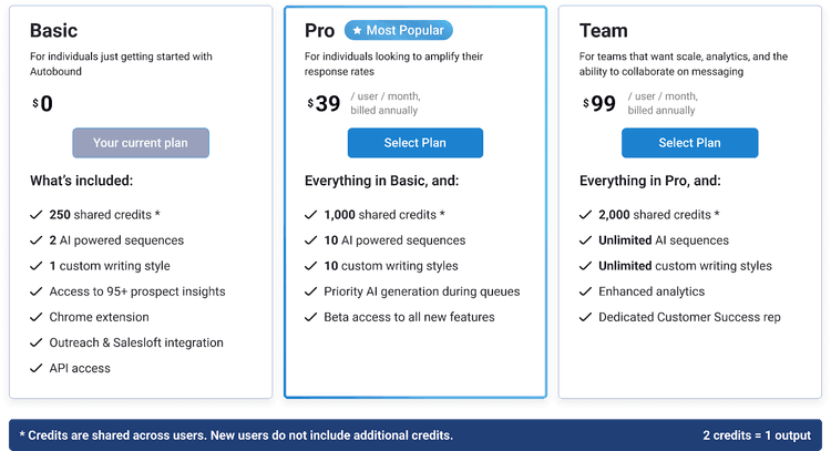 Autobound new billing and pricing plans showing Free Pro and Team tiers