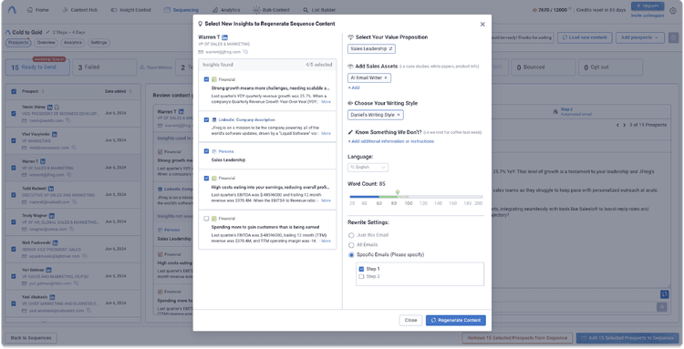 Autobound regenerate content with different insights and persona selections